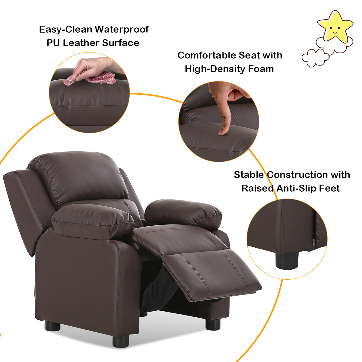 Deluxe Kids Armchair Recliner Headrest Sofa w/ Storage Arms