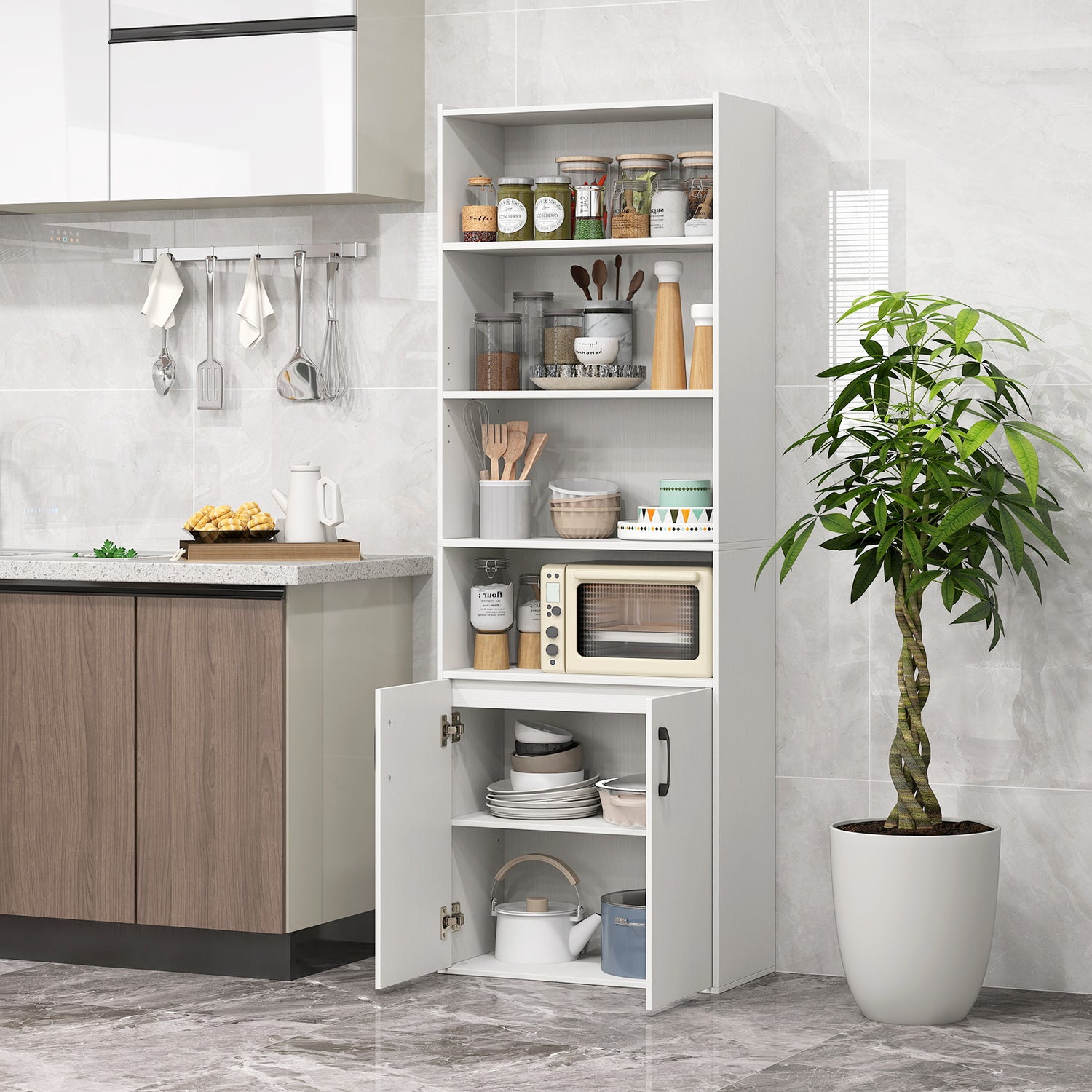 70 Inch Bookcase 6-Tier with Adjustable Shelves and 2-Door Cabinet