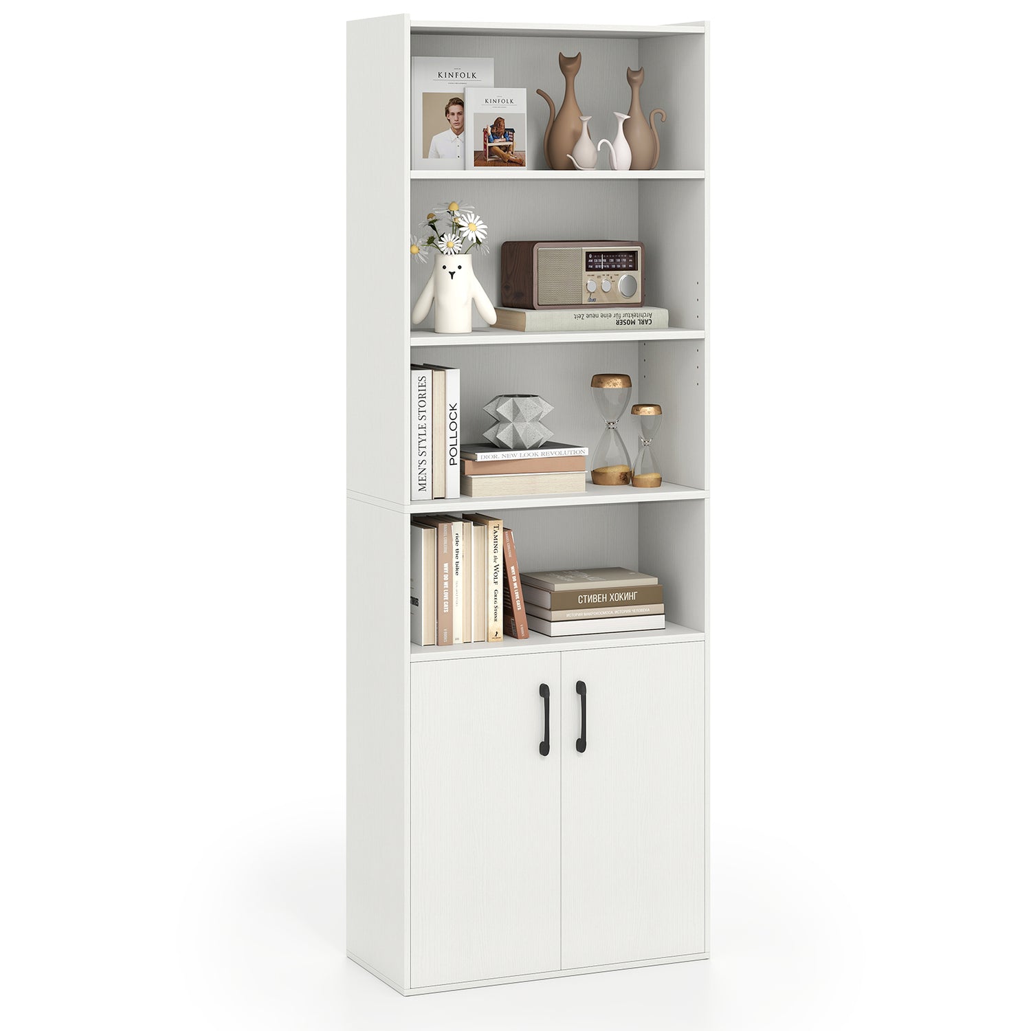 70 Inch Bookcase 6-Tier with Adjustable Shelves and 2-Door Cabinet