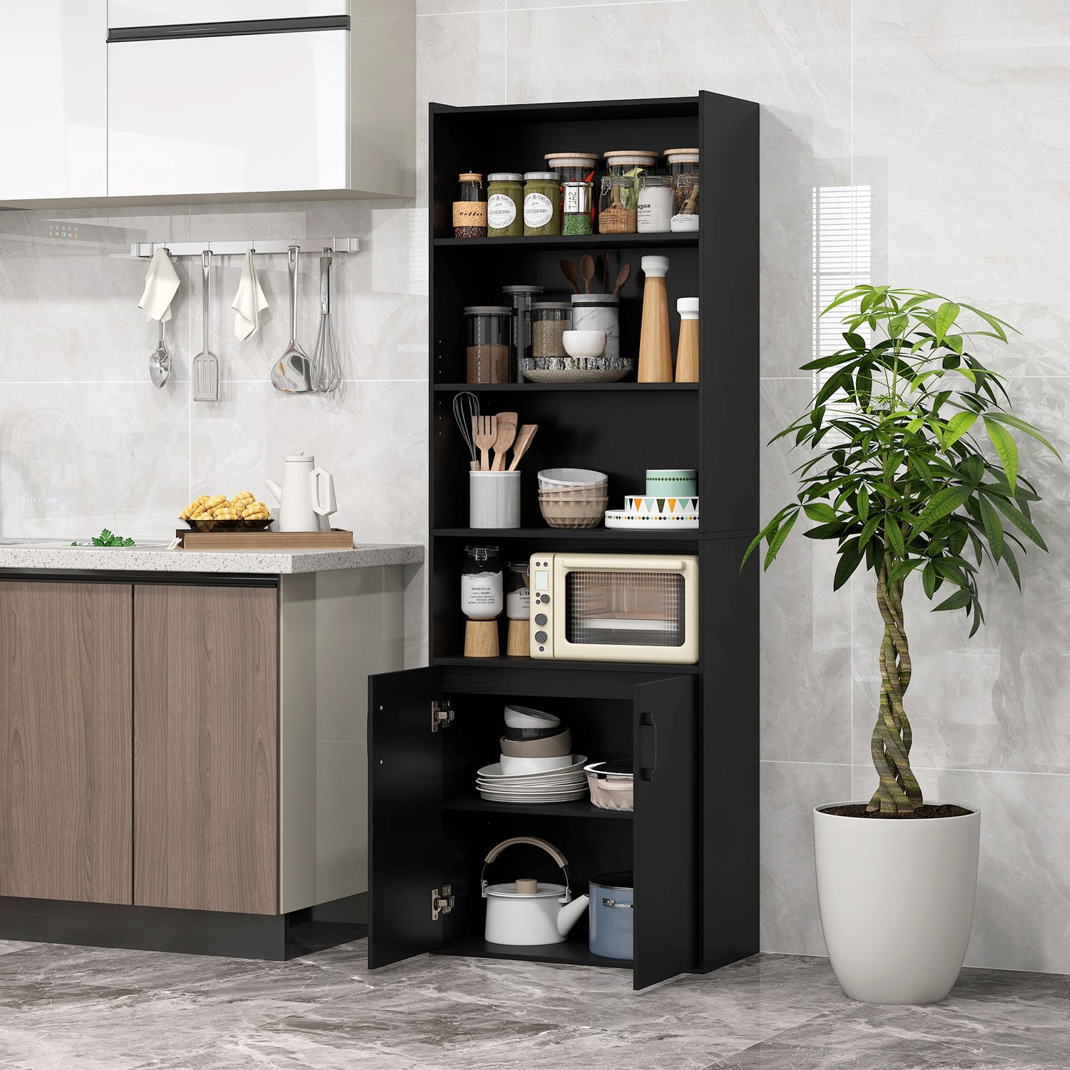 70 Inch Bookcase 6-Tier with Adjustable Shelves and 2-Door Cabinet