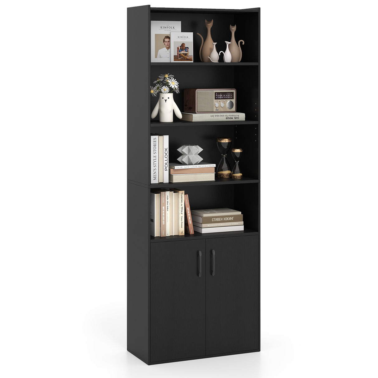 70 Inch Bookcase 6-Tier with Adjustable Shelves and 2-Door Cabinet
