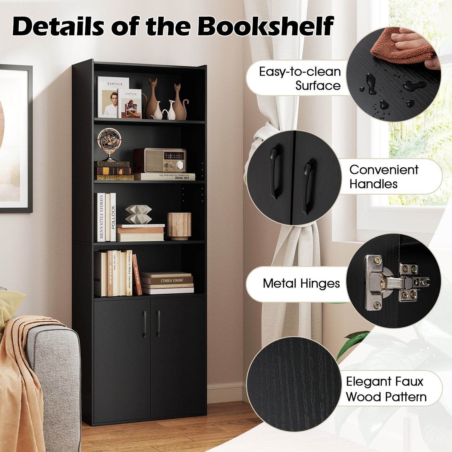 70 Inch Bookcase 6-Tier with Adjustable Shelves and 2-Door Cabinet