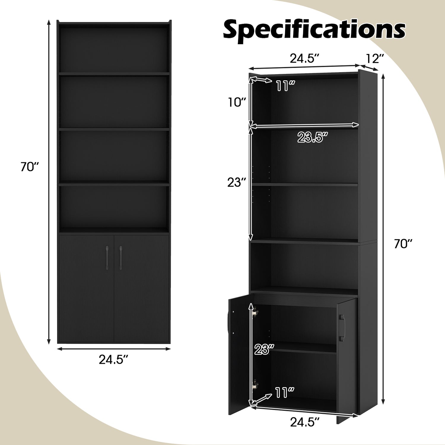 70 Inch Bookcase 6-Tier with Adjustable Shelves and 2-Door Cabinet