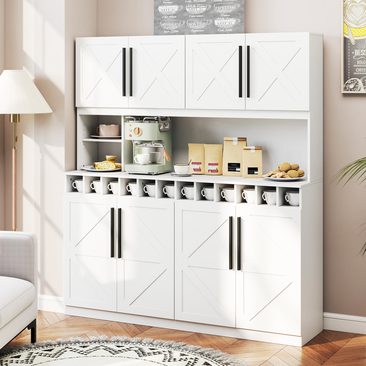 Farmhouse Pantry Cabinet Kitchen Buffet Hutch with 4 Cabinets and 2 Open Shelves