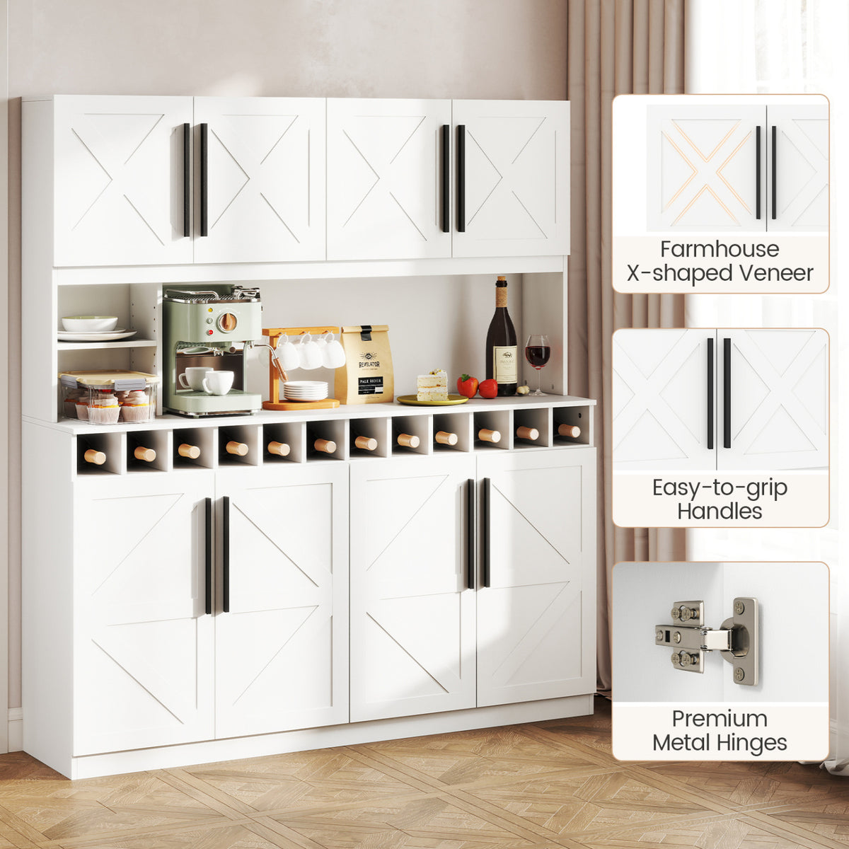 Farmhouse Pantry Cabinet Kitchen Buffet Hutch with 4 Cabinets and 2 Open Shelves