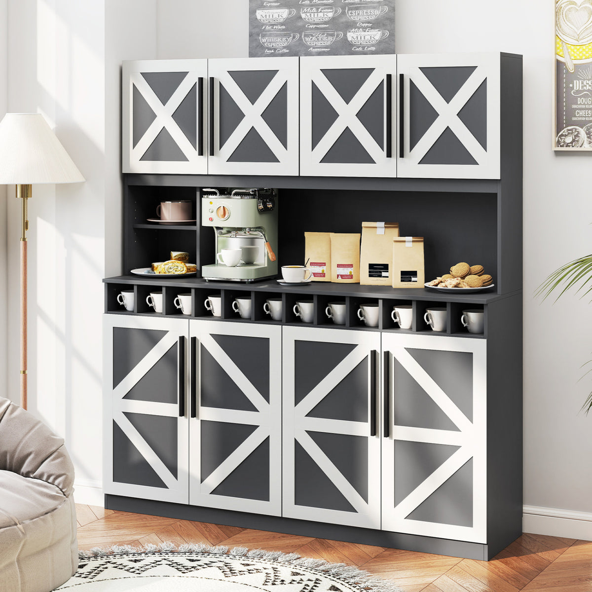 Farmhouse Pantry Cabinet Kitchen Buffet Hutch with 4 Cabinets and 2 Open Shelves