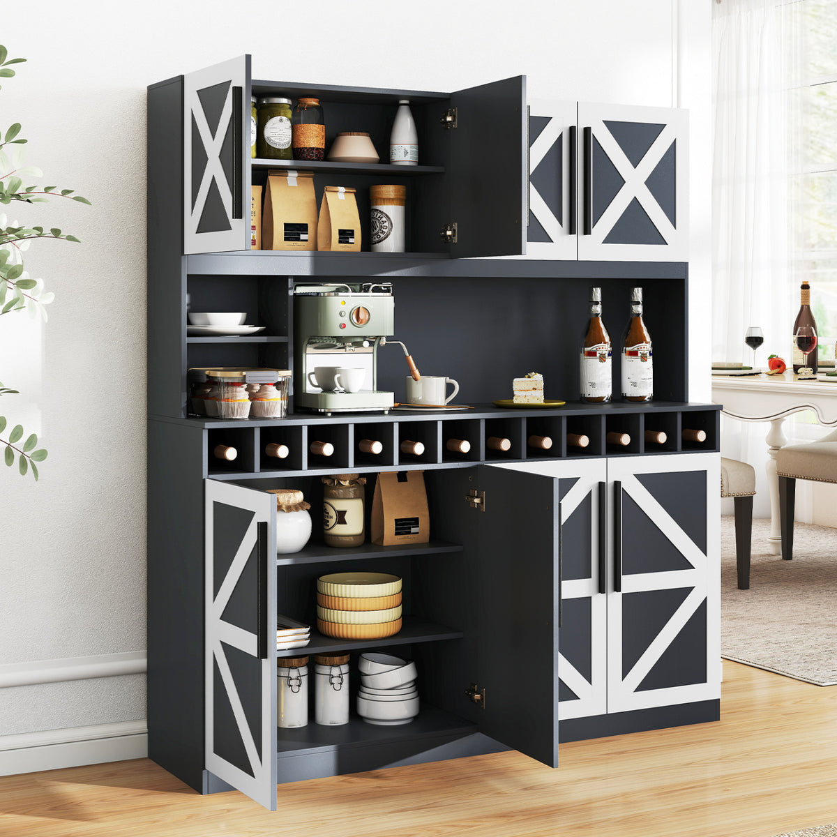 Farmhouse Pantry Cabinet Kitchen Buffet Hutch with 4 Cabinets and 2 Open Shelves