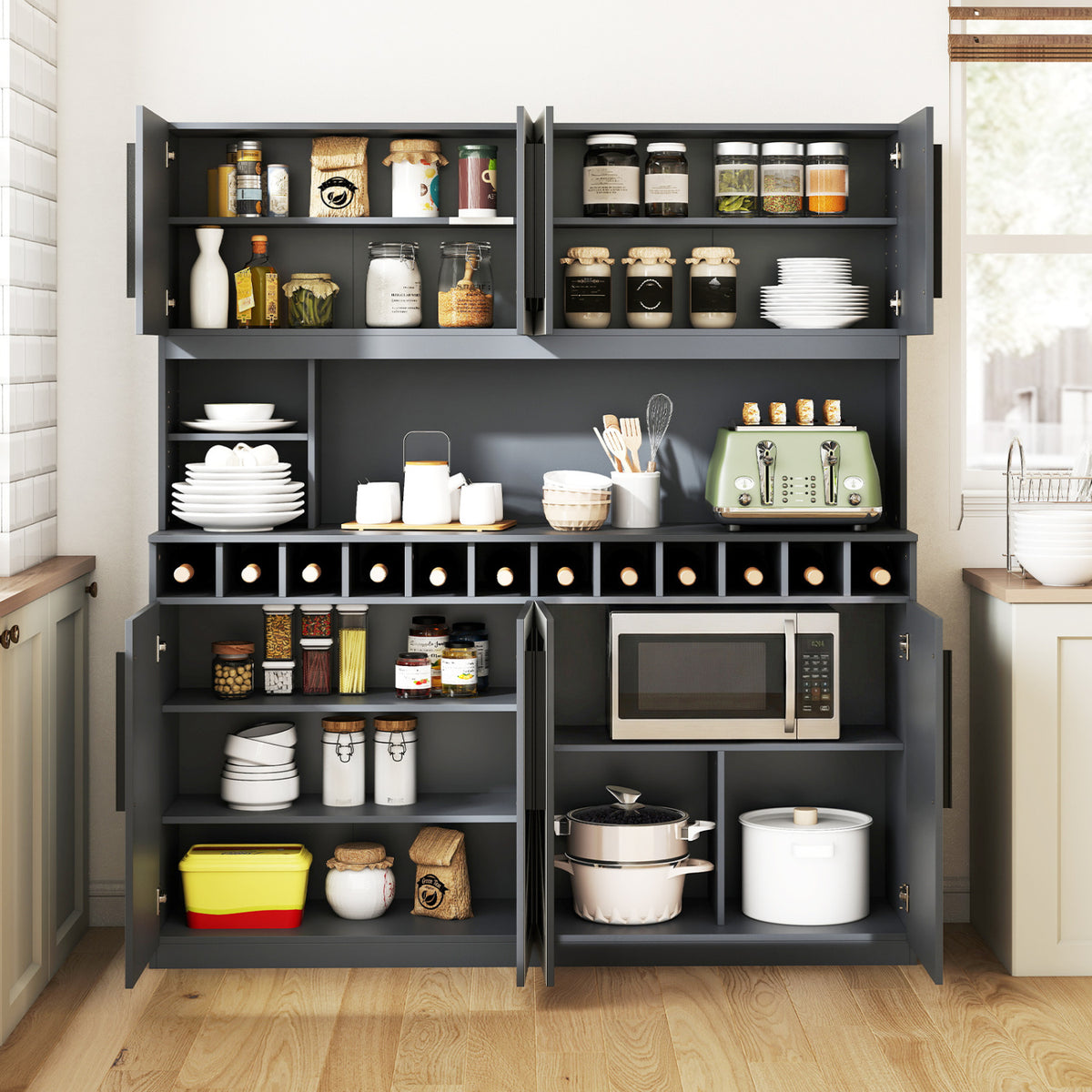 Farmhouse Pantry Cabinet Kitchen Buffet Hutch with 4 Cabinets and 2 Open Shelves