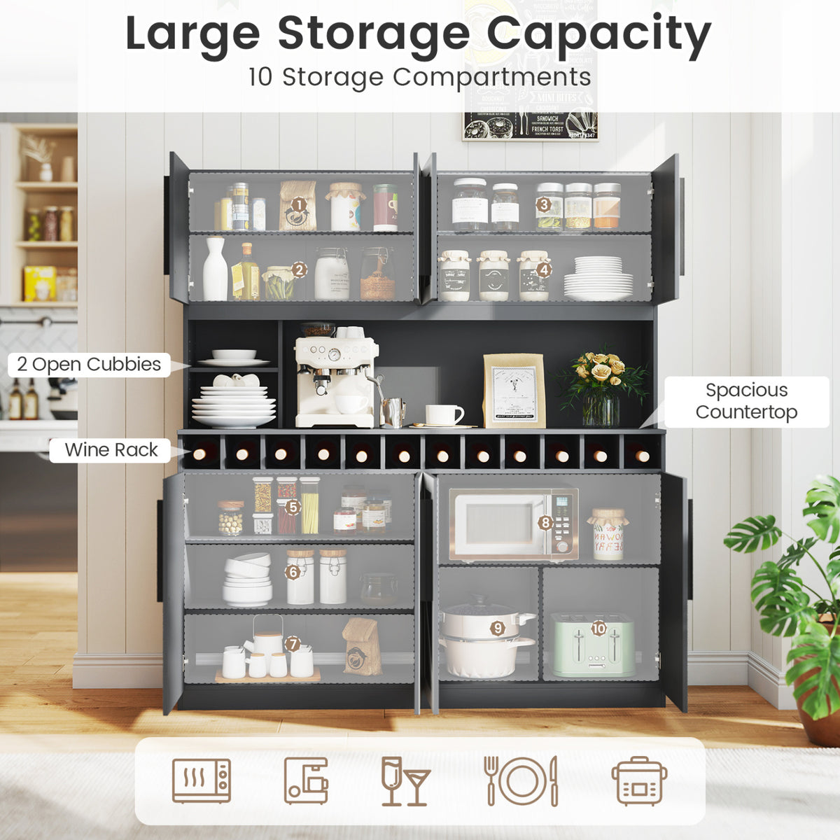 Farmhouse Pantry Cabinet Kitchen Buffet Hutch with 4 Cabinets and 2 Open Shelves