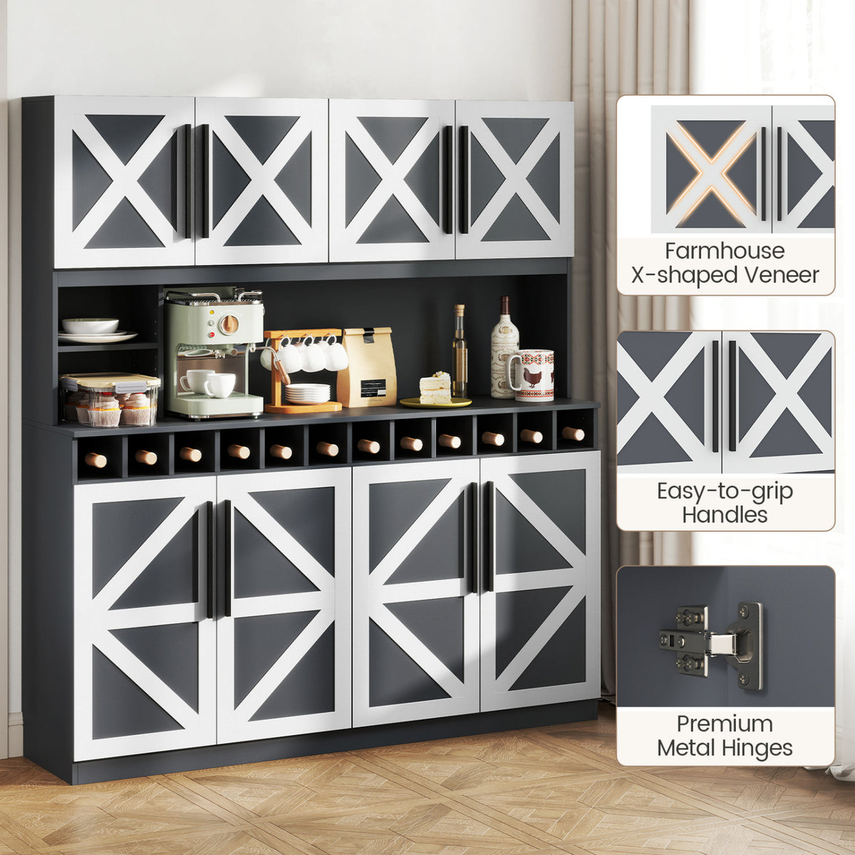 Farmhouse Pantry Cabinet Kitchen Buffet Hutch with 4 Cabinets and 2 Open Shelves