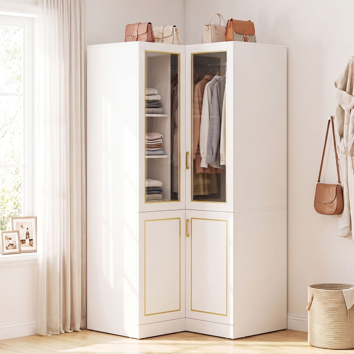 70 Inch L-Shaped Armoire Corner Wardrobe Closet with Hanging Rod-White