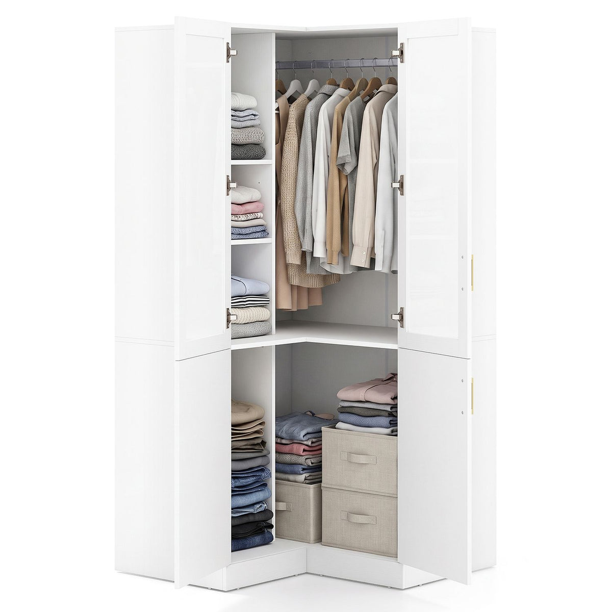 70 Inch L-Shaped Armoire Corner Wardrobe Closet with Hanging Rod-White