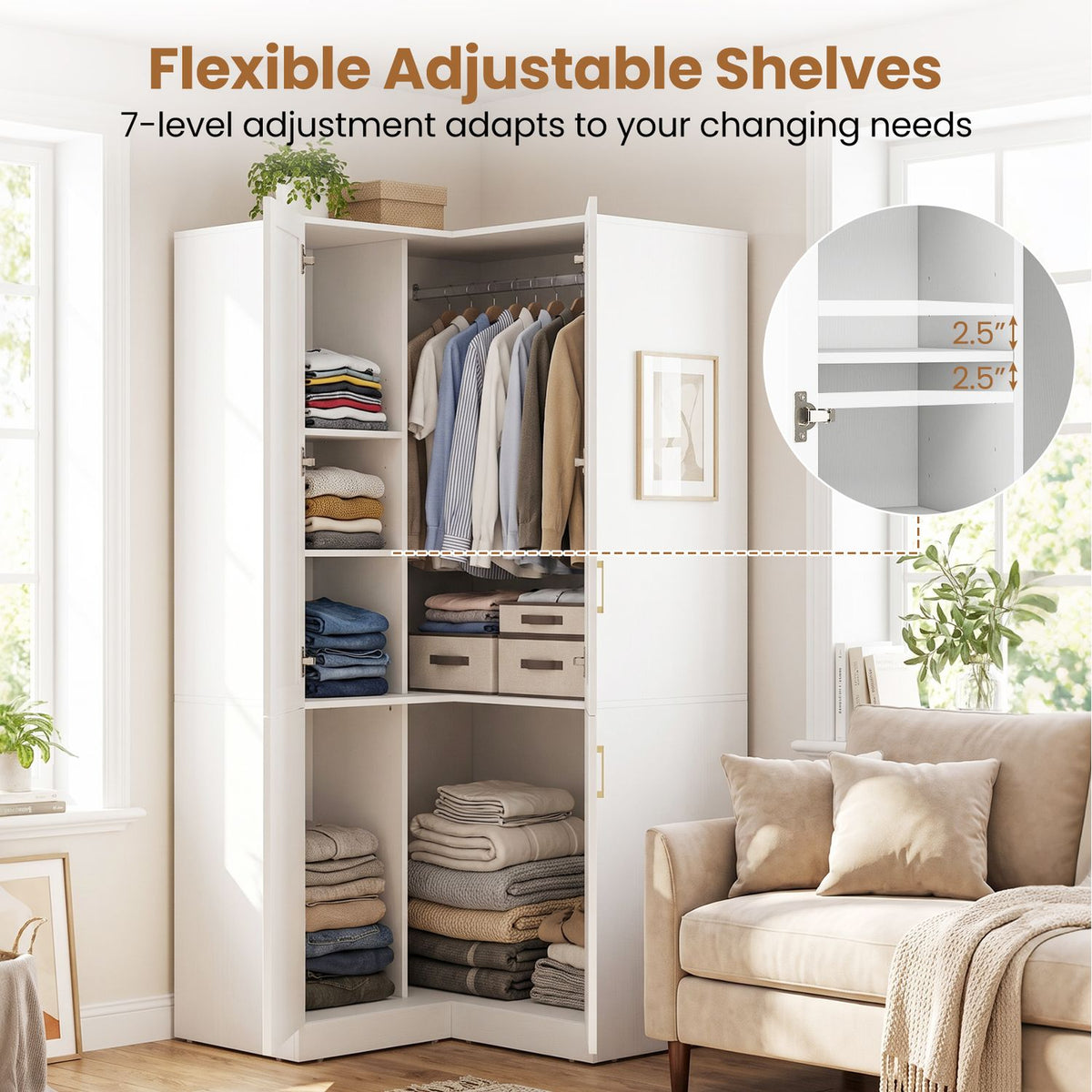 70 Inch L-Shaped Armoire Corner Wardrobe Closet with Hanging Rod-White
