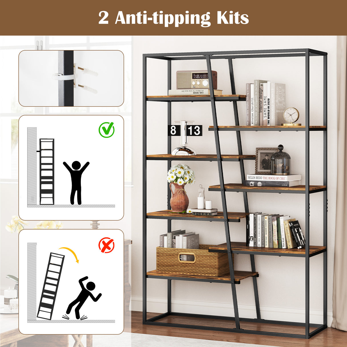 71-Inch 7-Tier Industrial Etagere Bookcase with Heavy-duty Metal Frame-Rustic Brown