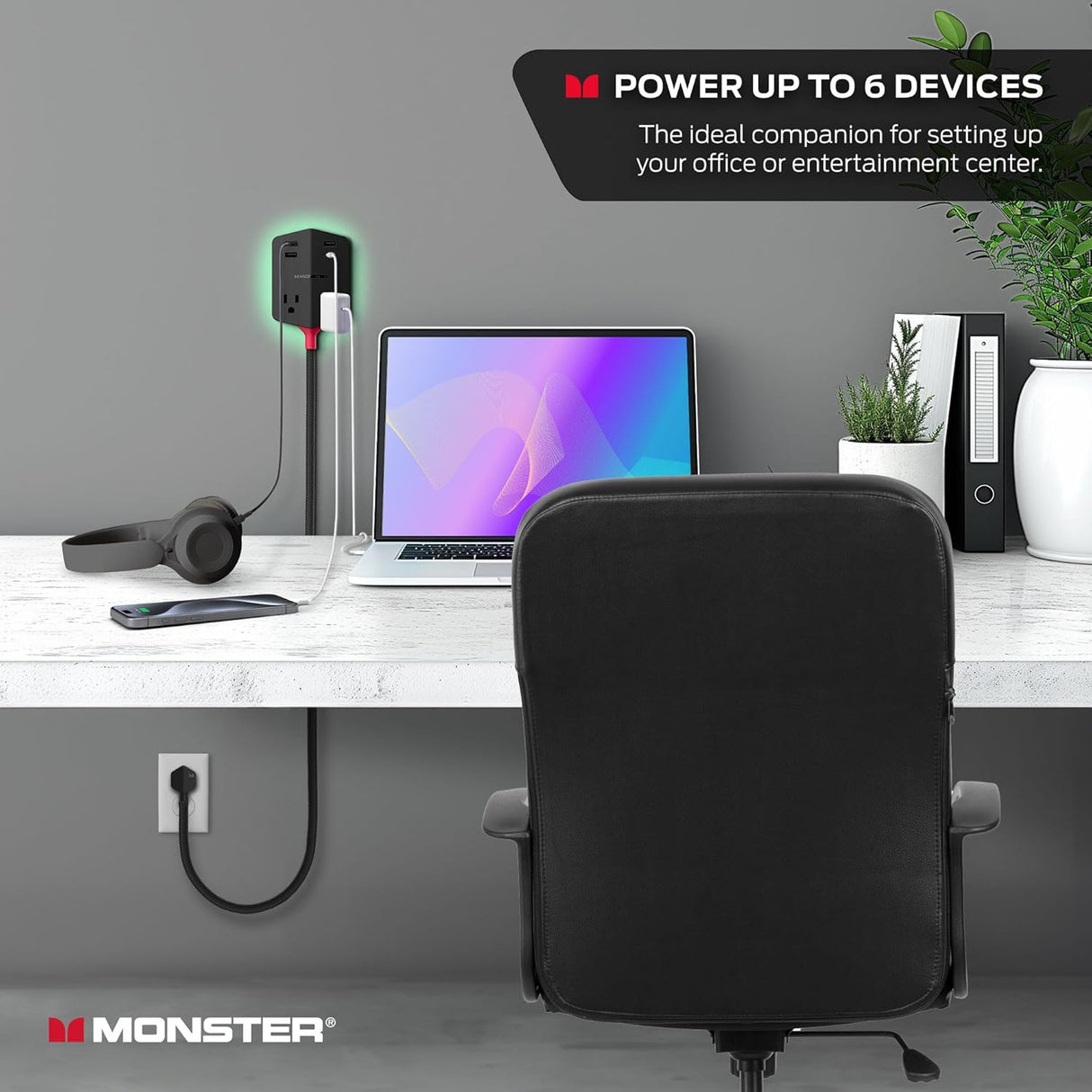 Monster Power Shield: Magnetic Wall Extender with 2 AC, 3 USB-A, 1 USB-C
