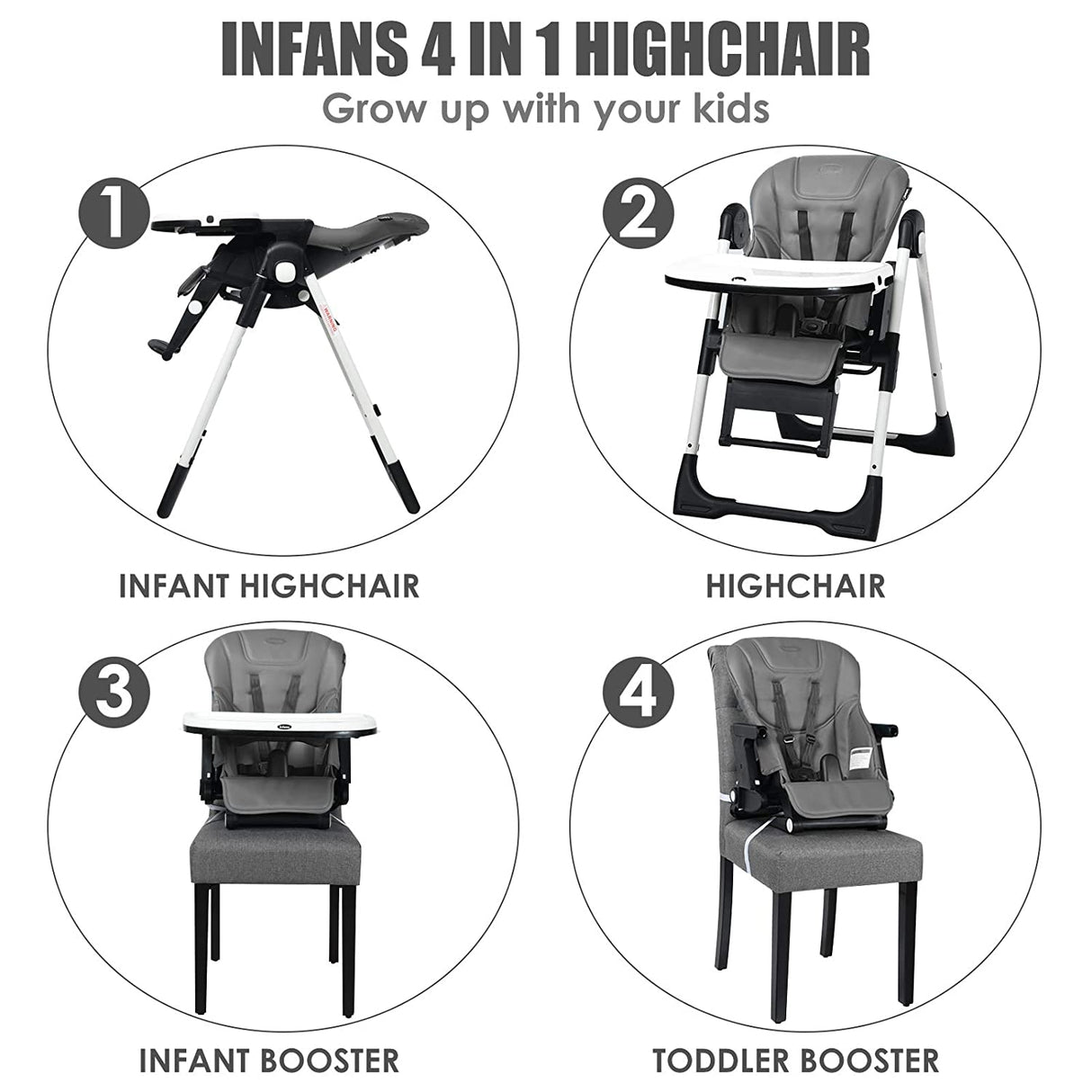 4-in-1 High Chair-Booster Seat with Adjustable Height and Recline