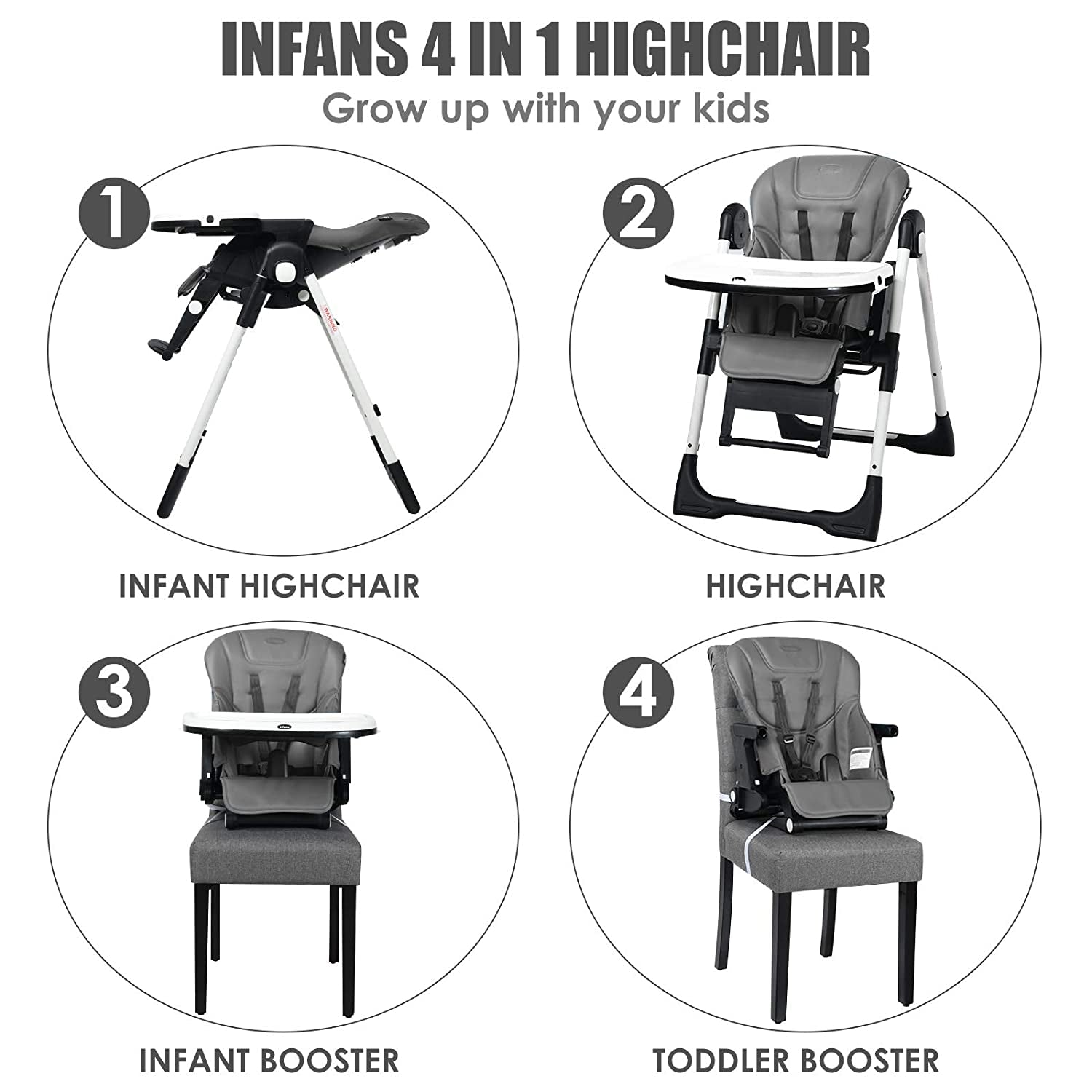 4-in-1 High Chair-Booster Seat with Adjustable Height and Recline