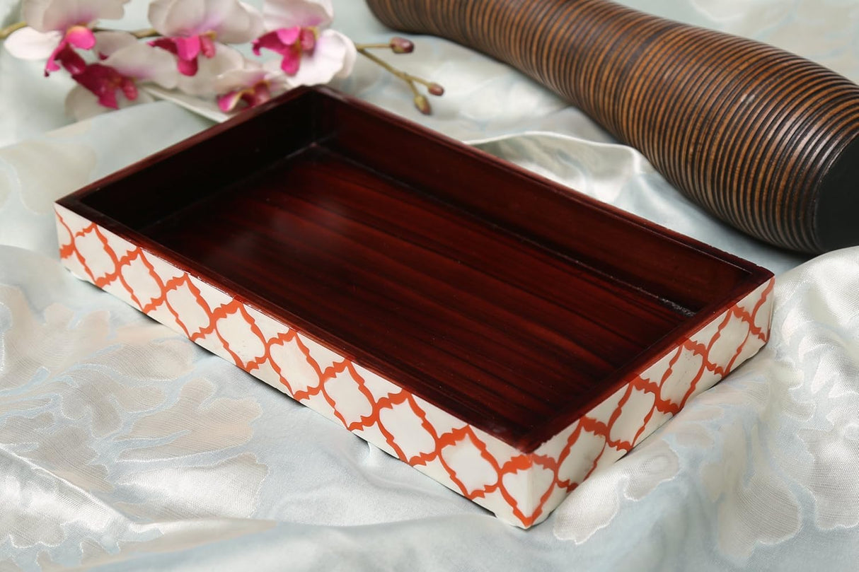 Vanity Trays Moroccan Pattern Bone & Resin Inlay Collection in 10x6, White & Red