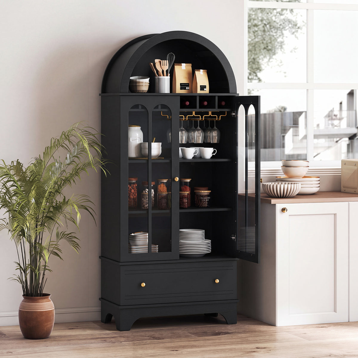 Arched Cabinet 5-Tier with Tempered Glass Doors and Wine Rack