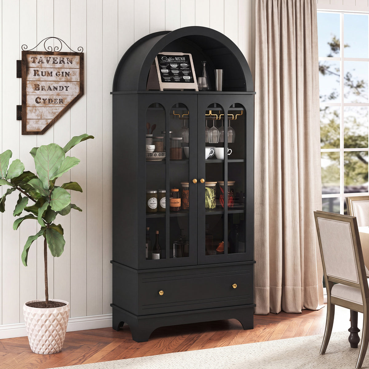 Arched Cabinet 5-Tier with Tempered Glass Doors and Wine Rack