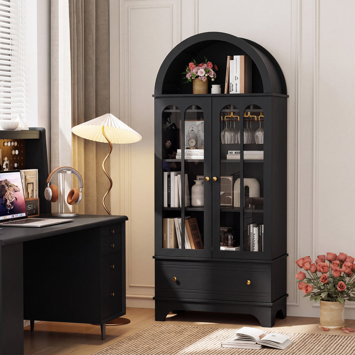 Arched Cabinet 5-Tier with Tempered Glass Doors and Wine Rack