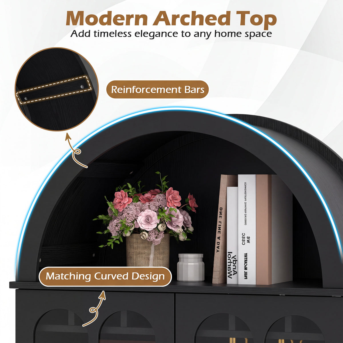 Arched Cabinet 5-Tier with Tempered Glass Doors and Wine Rack