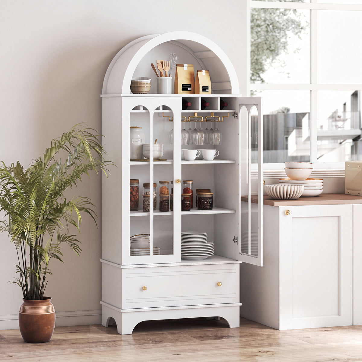 Arched Cabinet 5-Tier with Tempered Glass Doors and Wine Rack