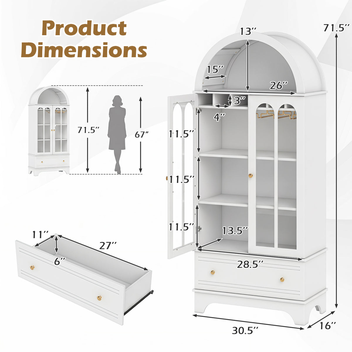 Arched Cabinet 5-Tier with Tempered Glass Doors and Wine Rack