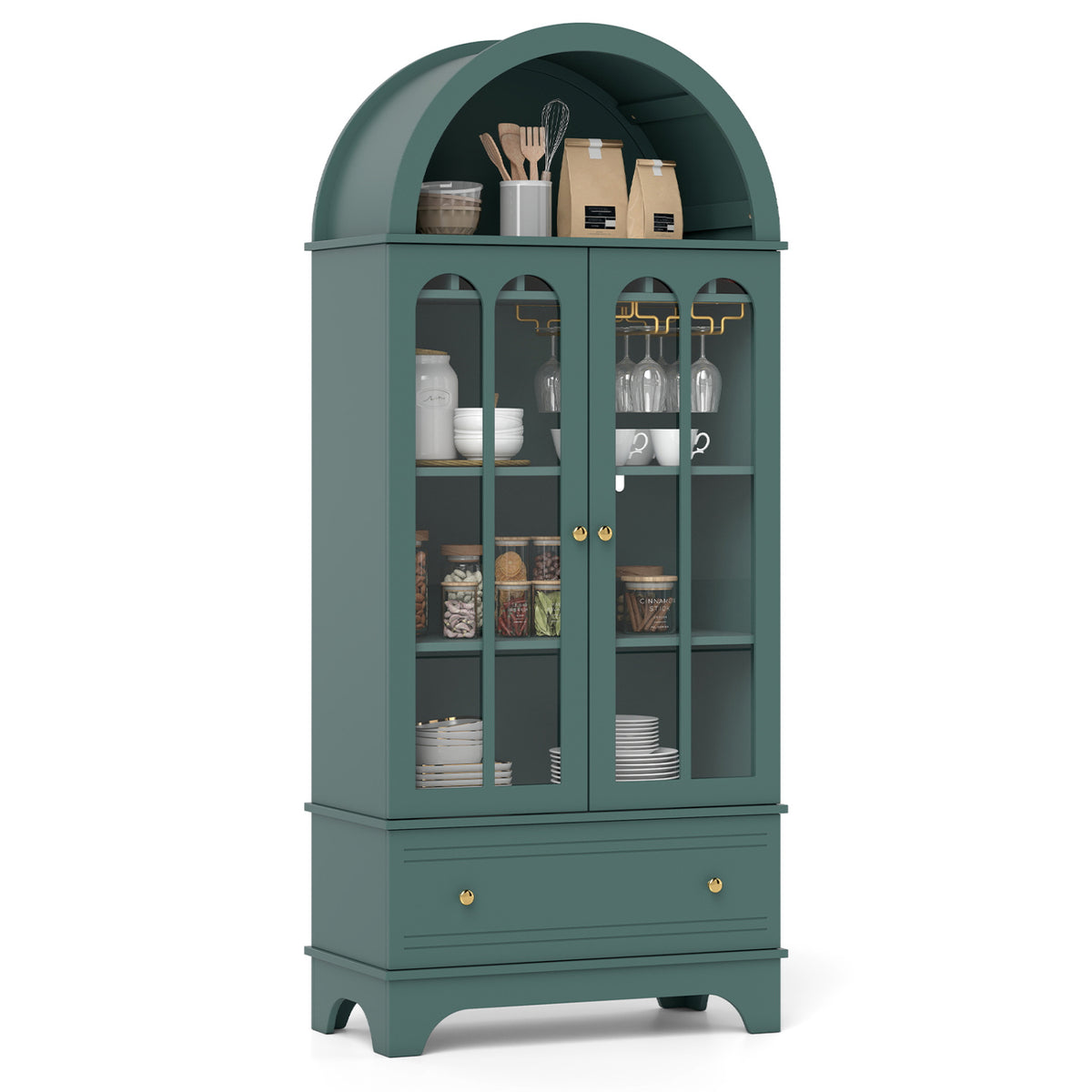 Arched Cabinet 5-Tier with Tempered Glass Doors and Wine Rack