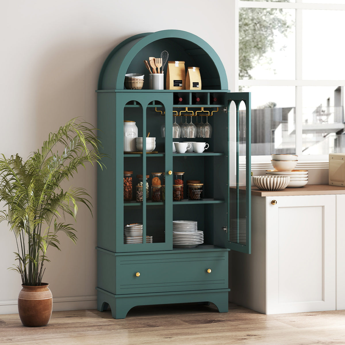 Arched Cabinet 5-Tier with Tempered Glass Doors and Wine Rack