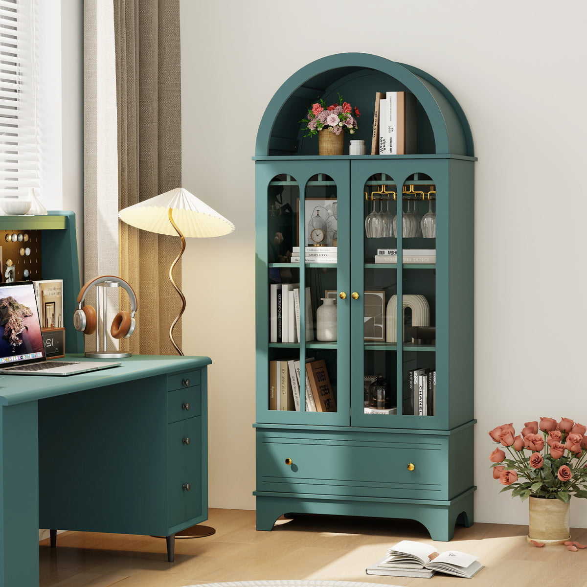 Arched Cabinet 5-Tier with Tempered Glass Doors and Wine Rack