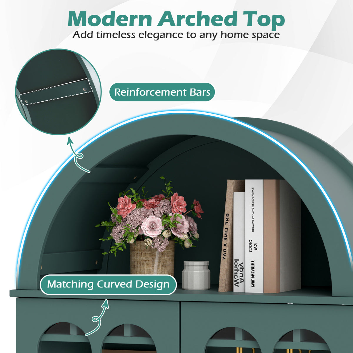 Arched Cabinet 5-Tier with Tempered Glass Doors and Wine Rack