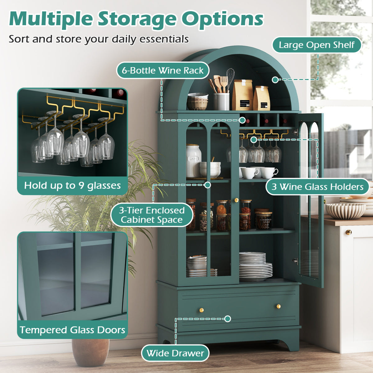 Arched Cabinet 5-Tier with Tempered Glass Doors and Wine Rack