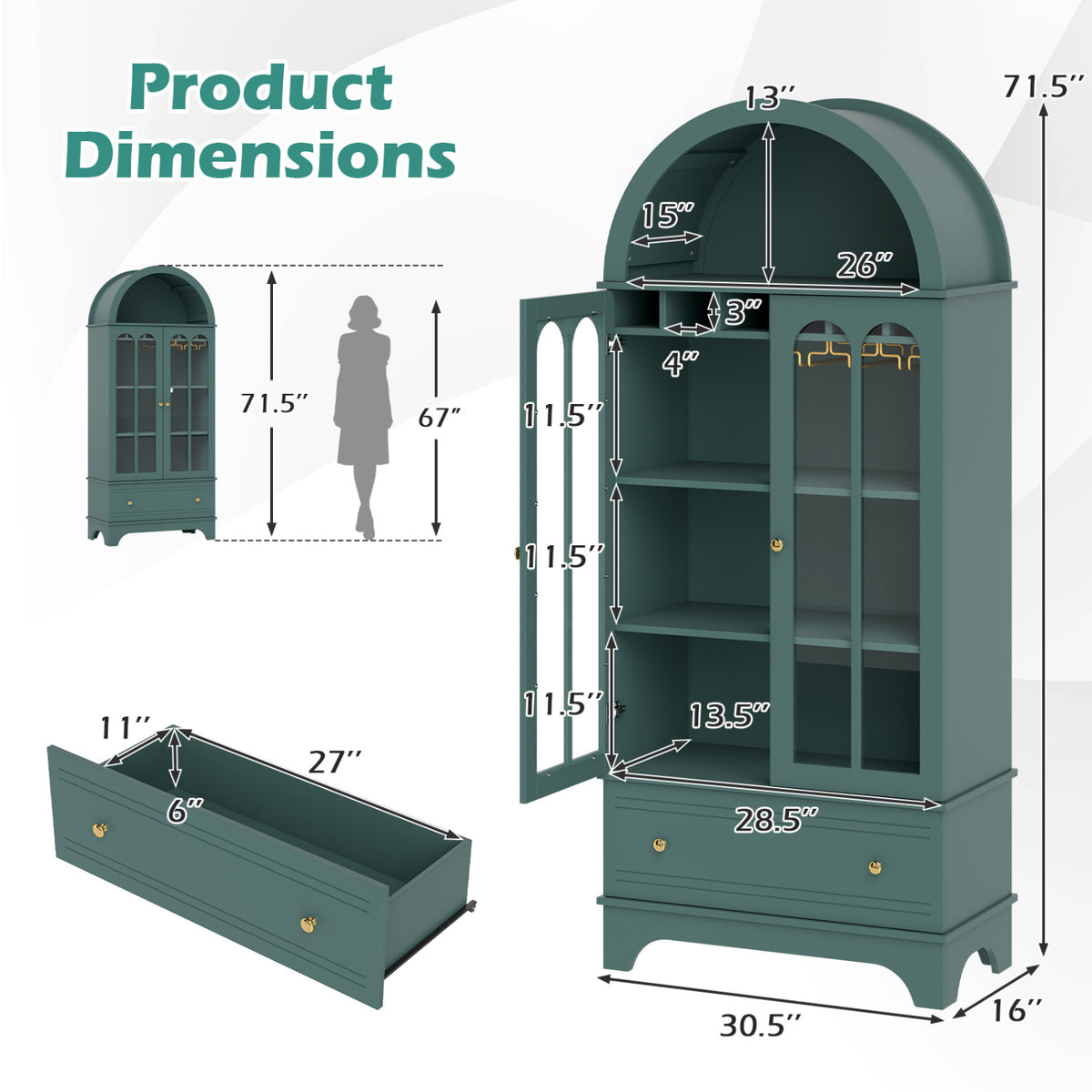 Arched Cabinet 5-Tier with Tempered Glass Doors and Wine Rack