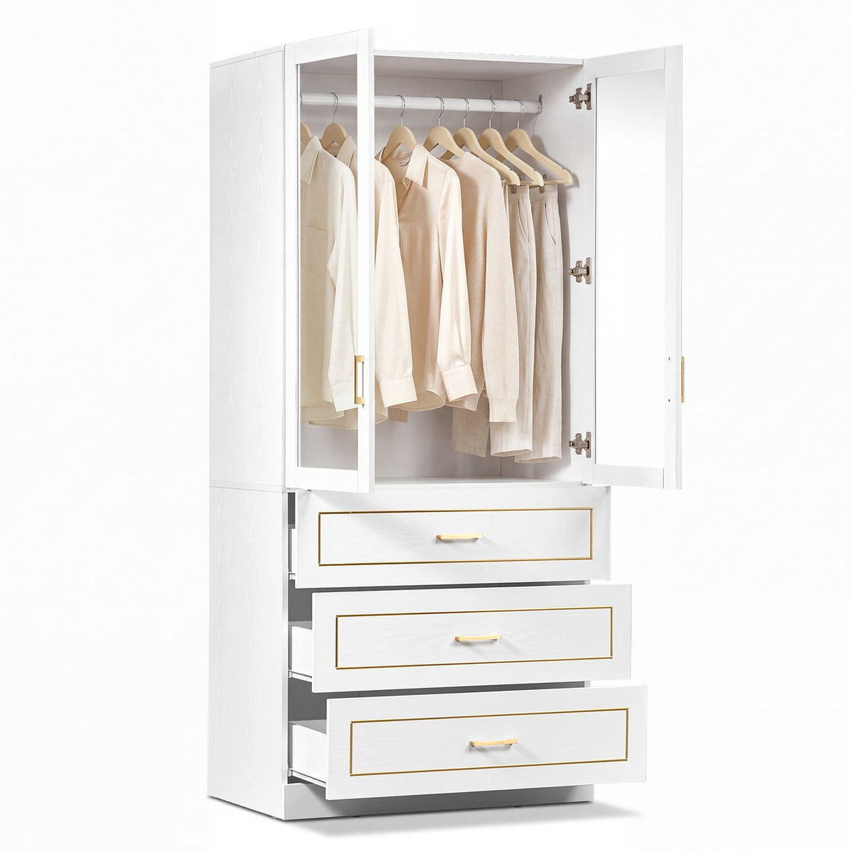 71 Inch Freestanding Wooden Clothing Storage Cabinet with Drawers-White