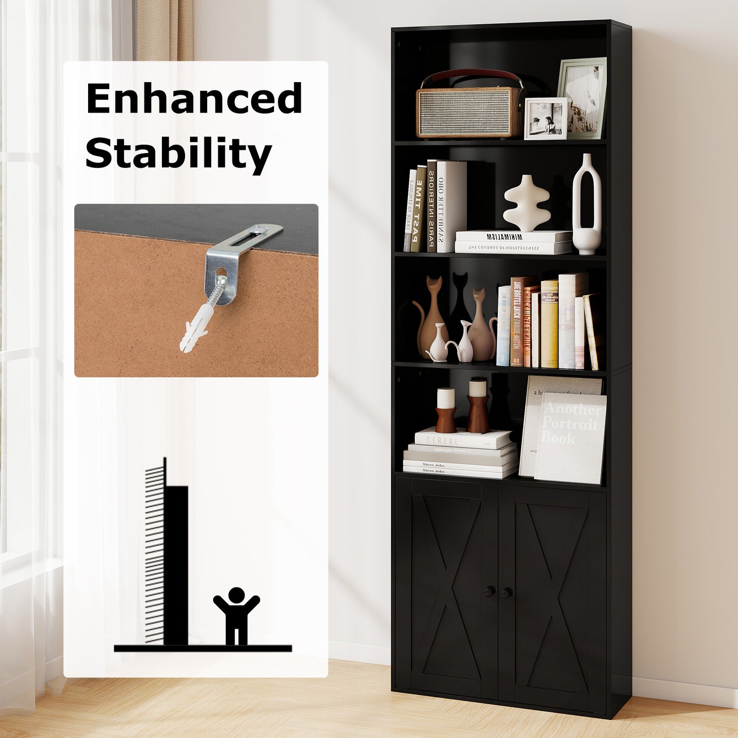 71 Inch Freestanding Bookshelf with 6 Shelves and 2-Door Cabinet