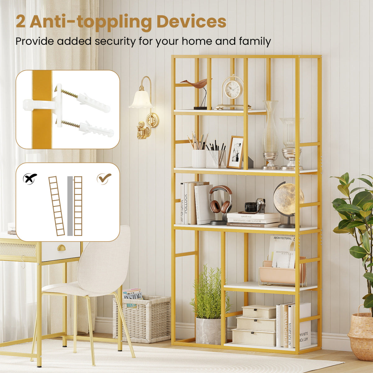71 Inch Tall Bookshelf Metal Frame 5-Tier Geometric Bookcase-White & Golden