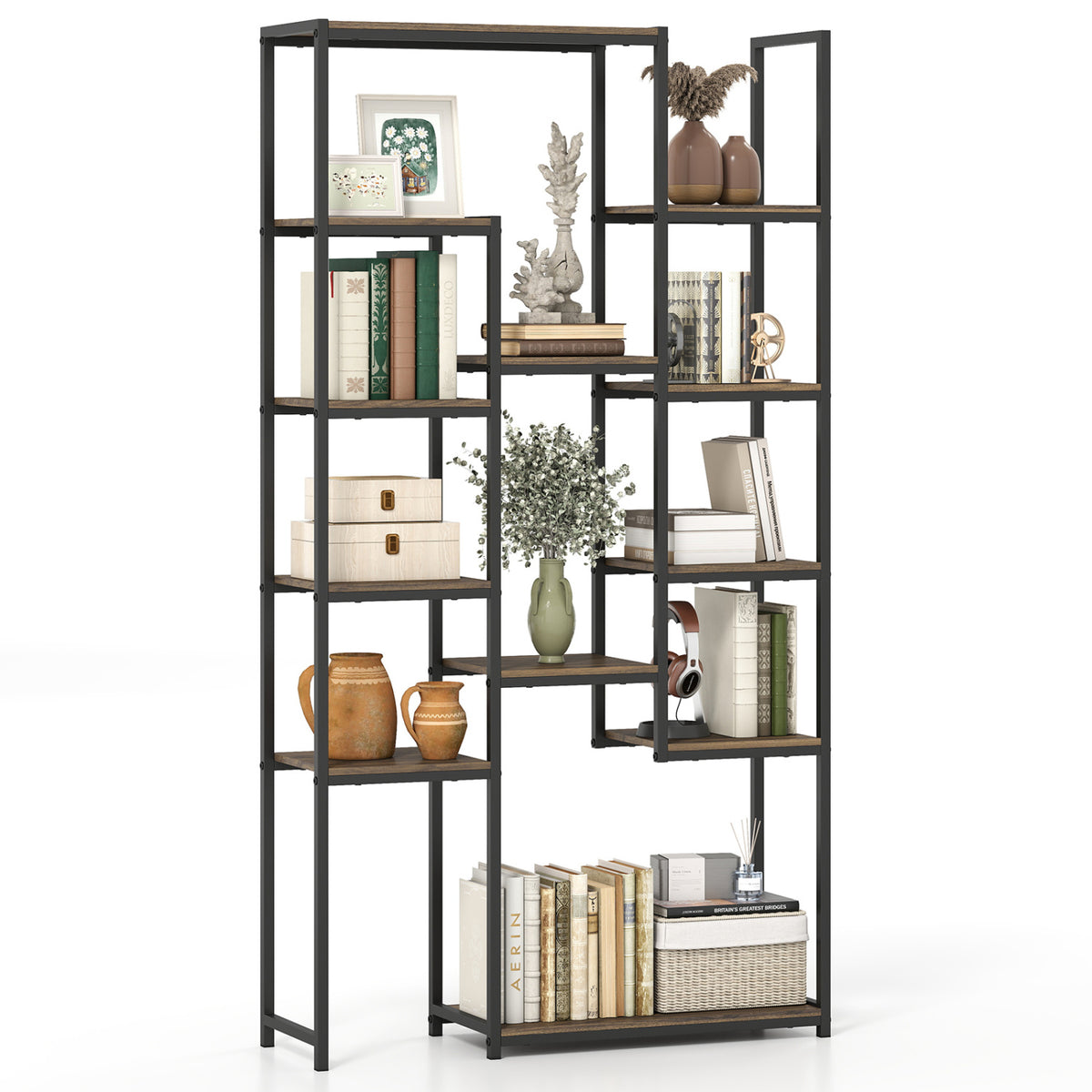 71 Inch Tall Vintage Geometric Bookshelf 12 Open Shelves-Walnut