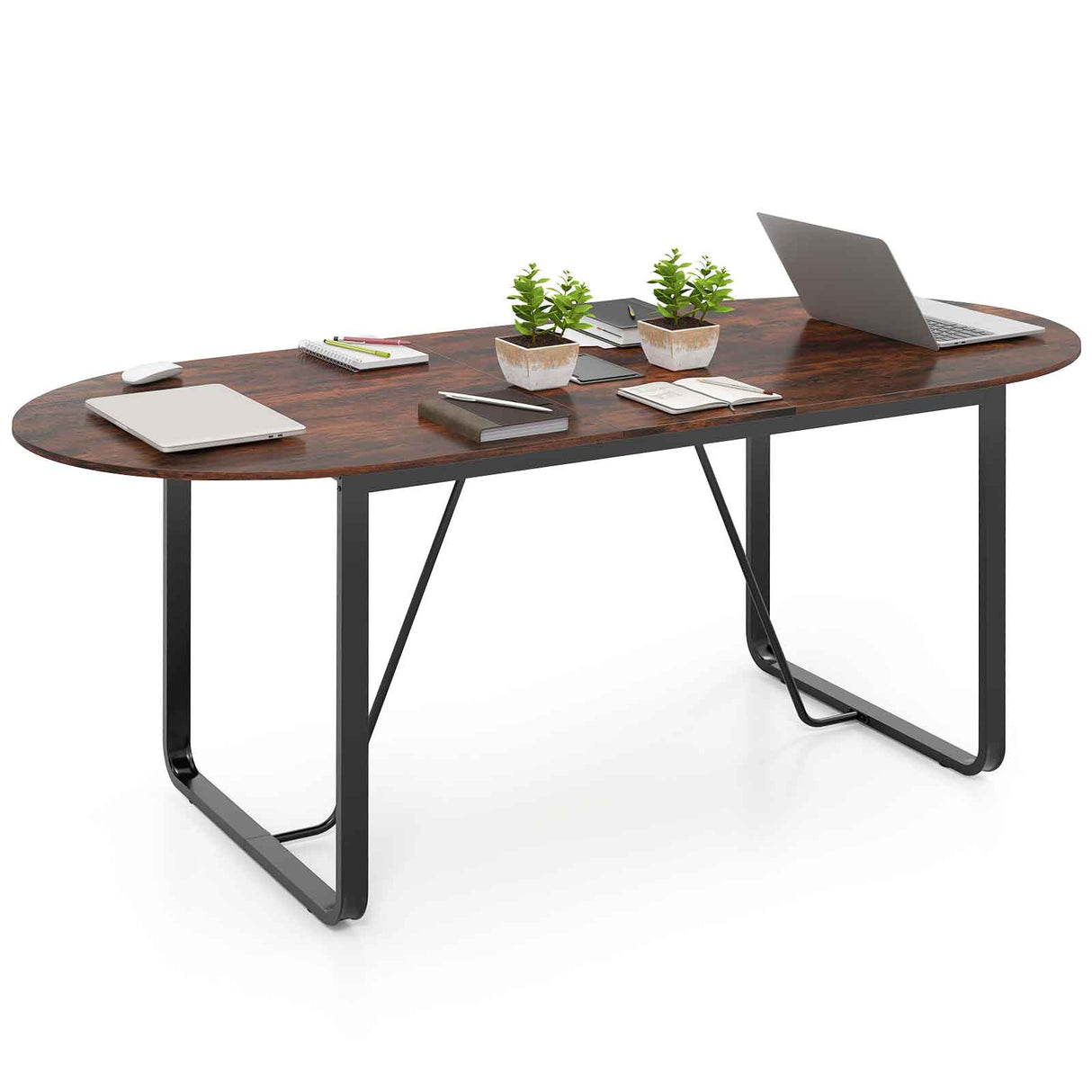 71 Inches Executive Table Oval Home Office Table with Cable Management Hole-Rustic Brown
