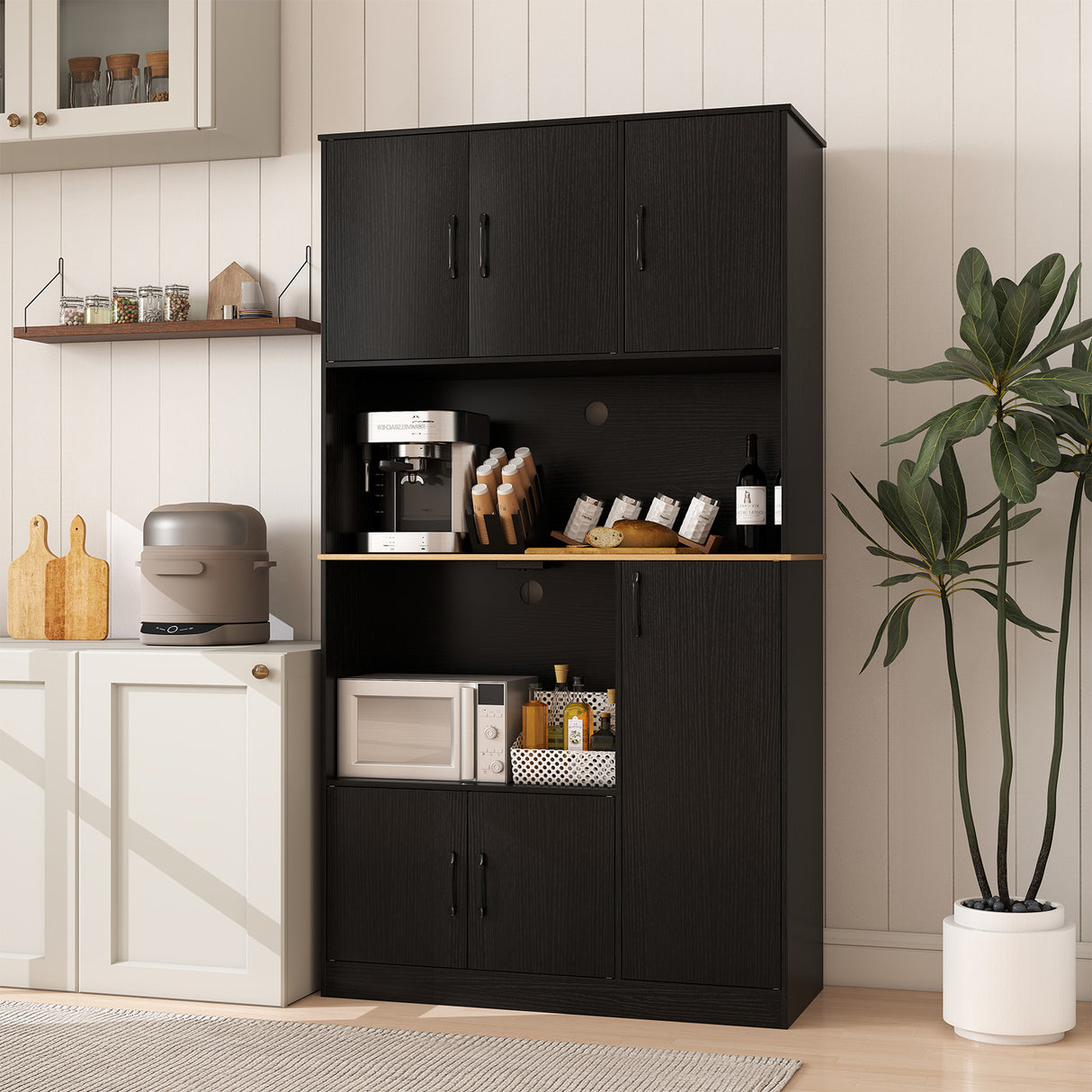 71" Tall Kitchen Pantry Cabinet with Charging Station Wooden Buffet Cupboard Sideboard