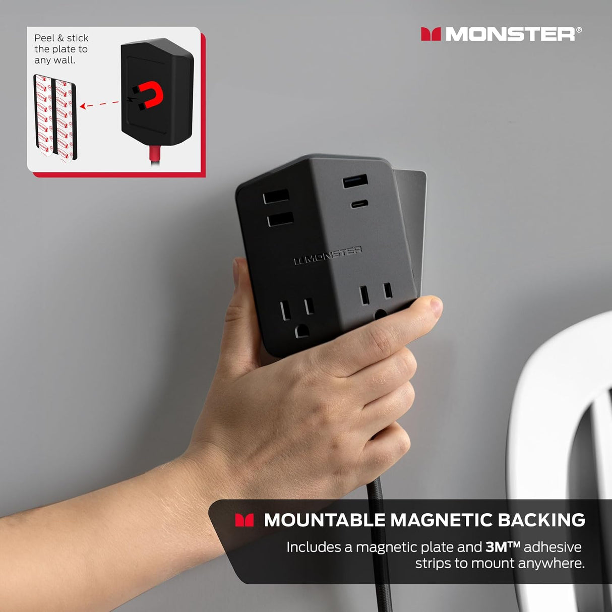 Monster Power Shield: Magnetic Wall Extender with 2 AC, 3 USB-A, 1 USB-C