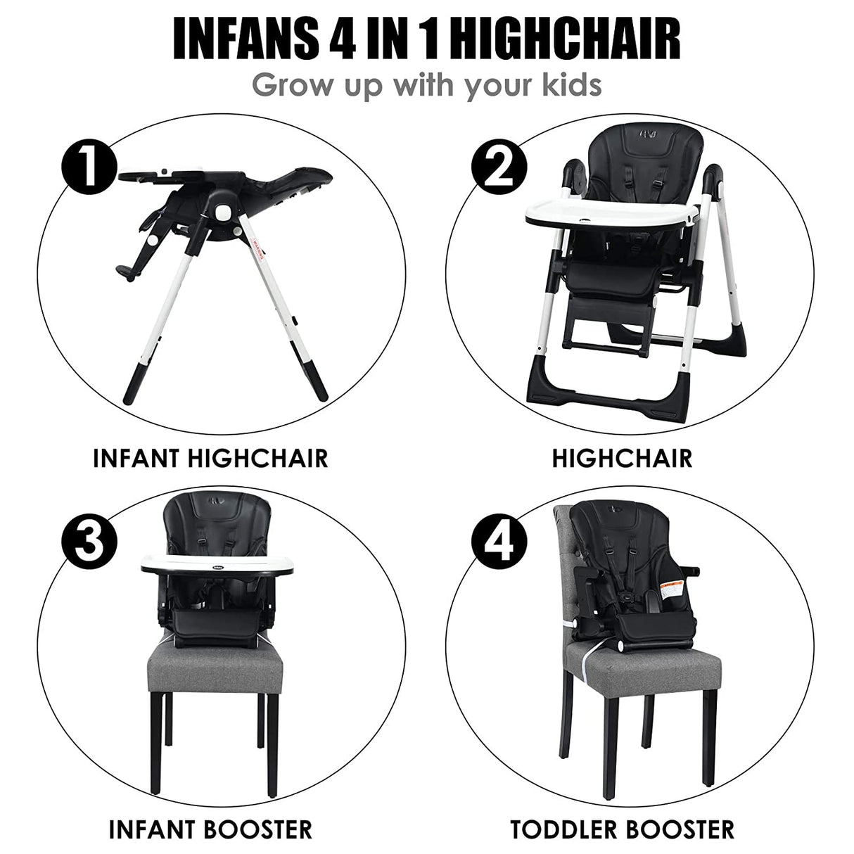 4-in-1 High Chair-Booster Seat with Adjustable Height and Recline