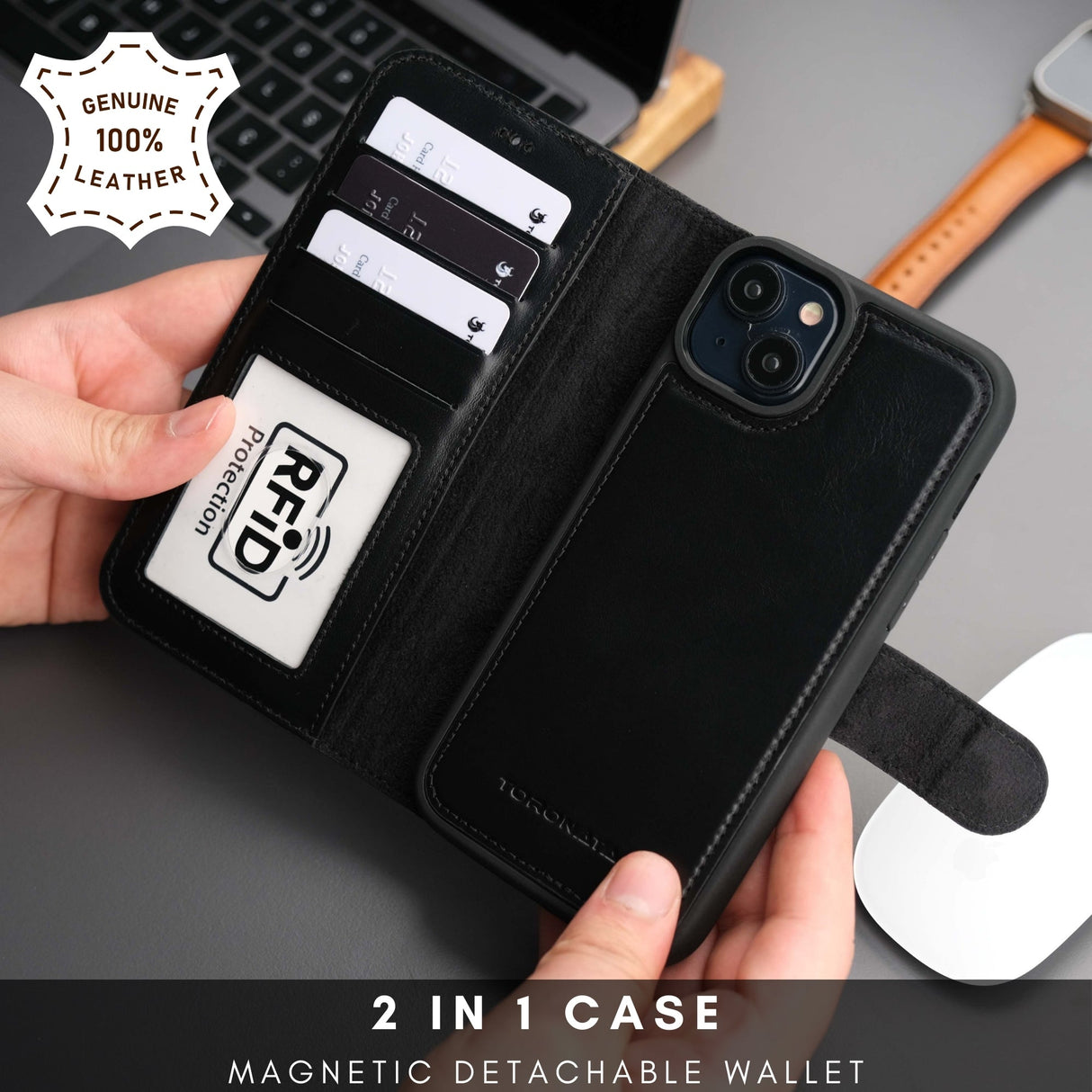 Casper Leather iPhone 15 Plus Wallet Case | Detachable MagSafe Compatible RFID Protection