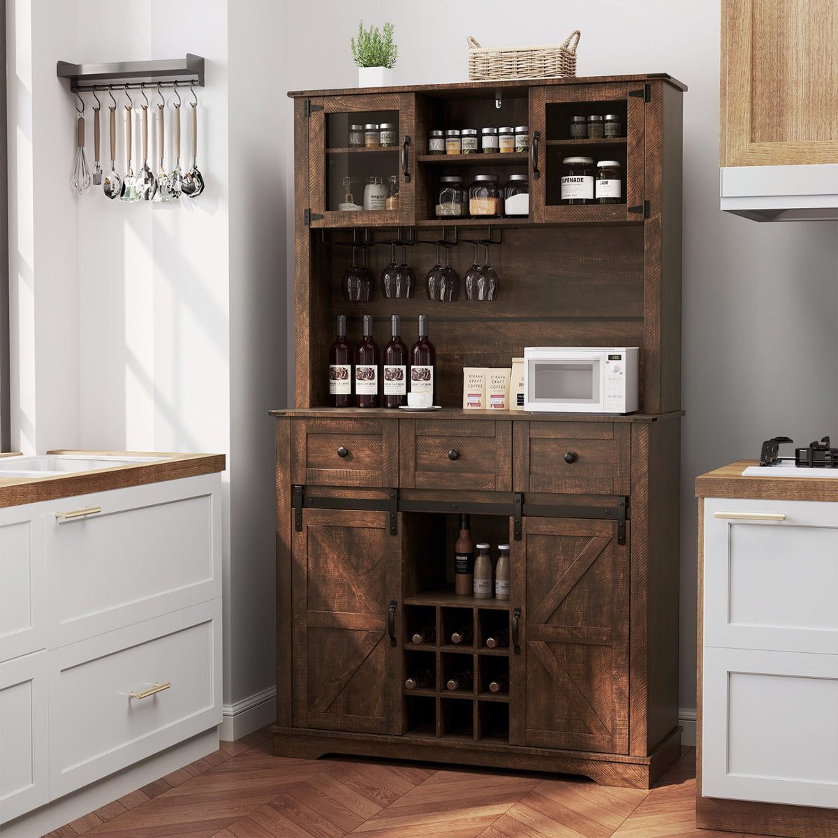 72 Inch Coffee Bar Cabinet with Drawers and Sliding Barn Doors-Brown