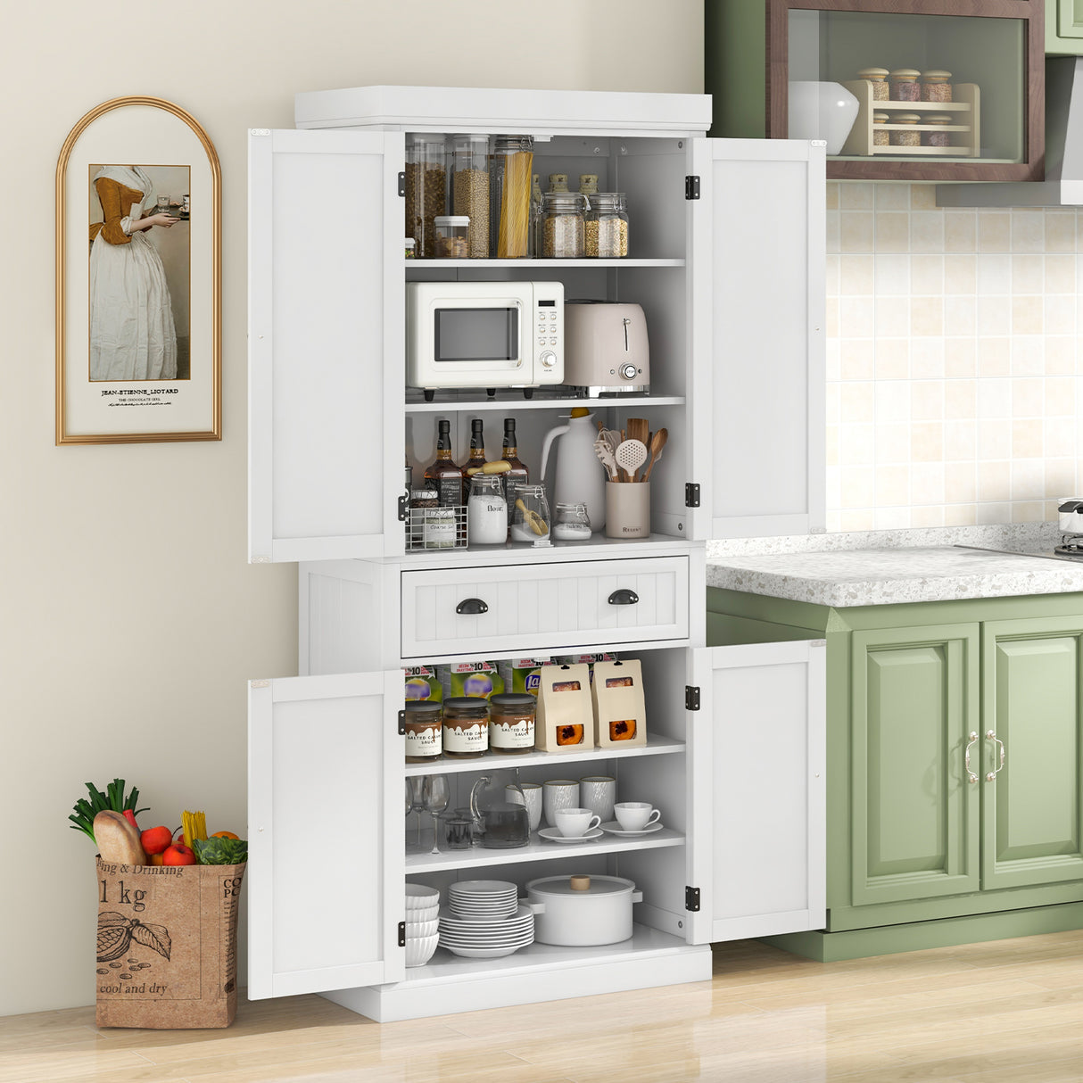Cupboard Freestanding Kitchen Cabinet w/ Adjustable Shelves