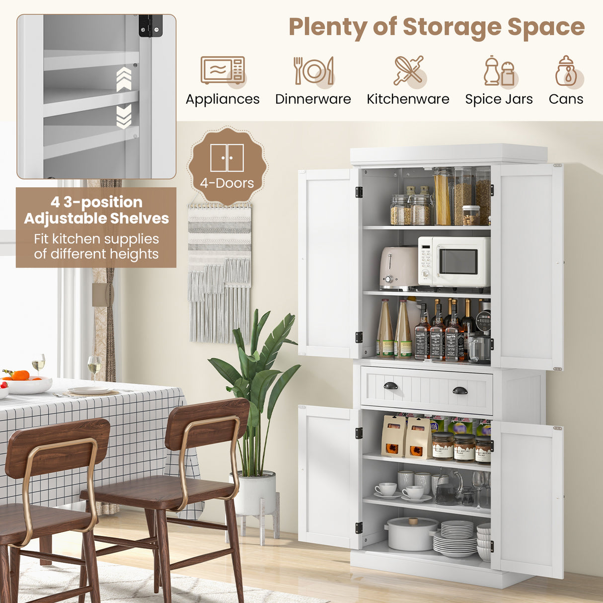 Cupboard Freestanding Kitchen Cabinet w/ Adjustable Shelves