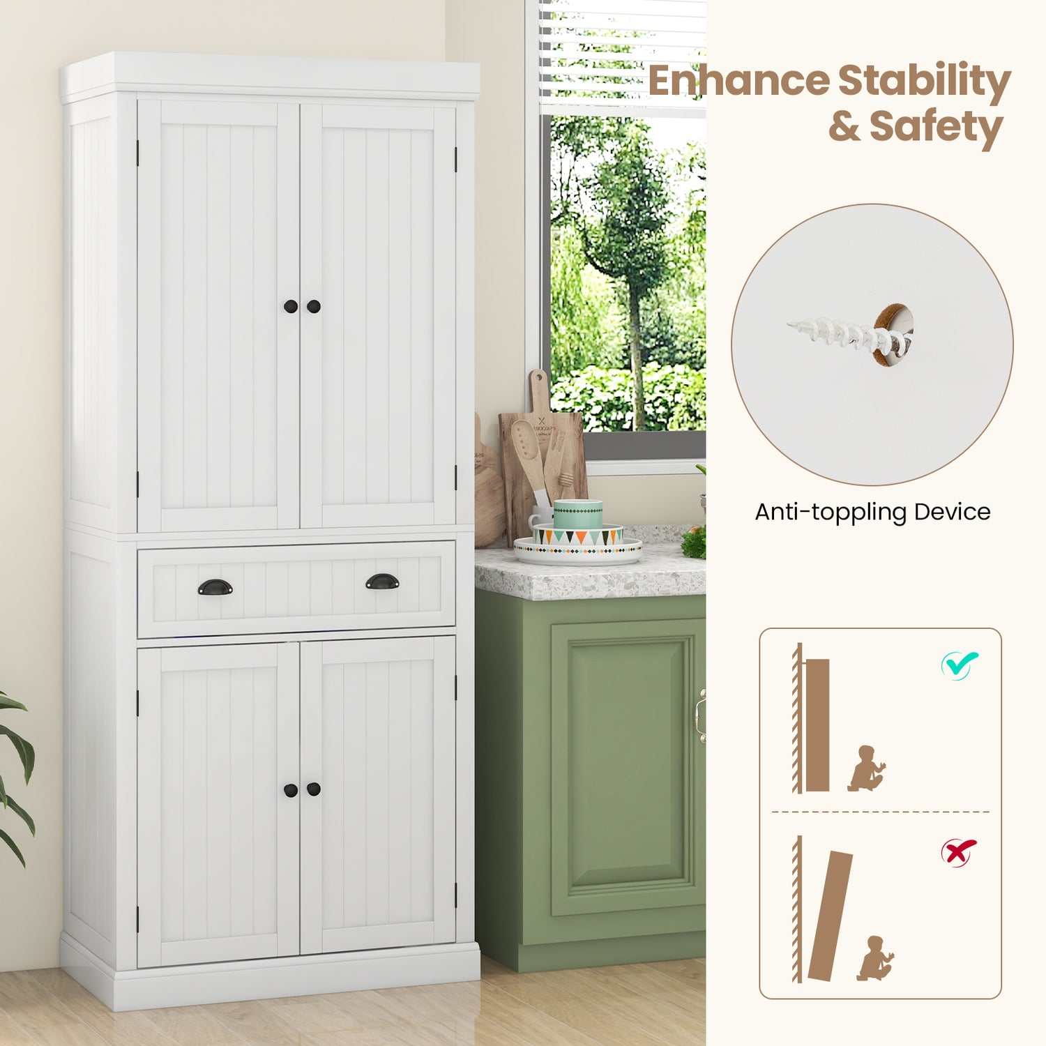 Cupboard Freestanding Kitchen Cabinet w/ Adjustable Shelves