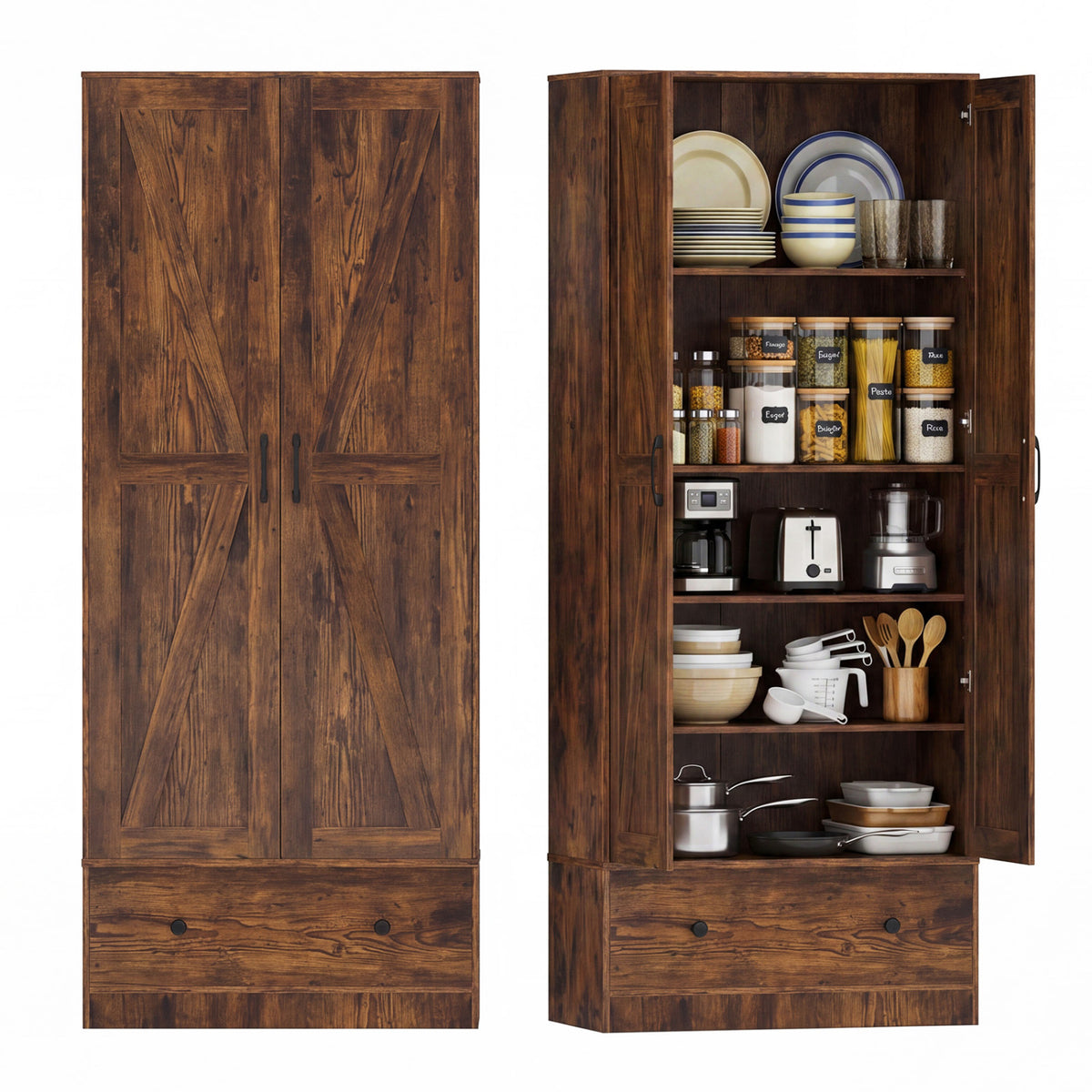 72 Inch Tall Kitchen Pantry Cabinet Farmhouse Wooden Cupboard with 2 Doors