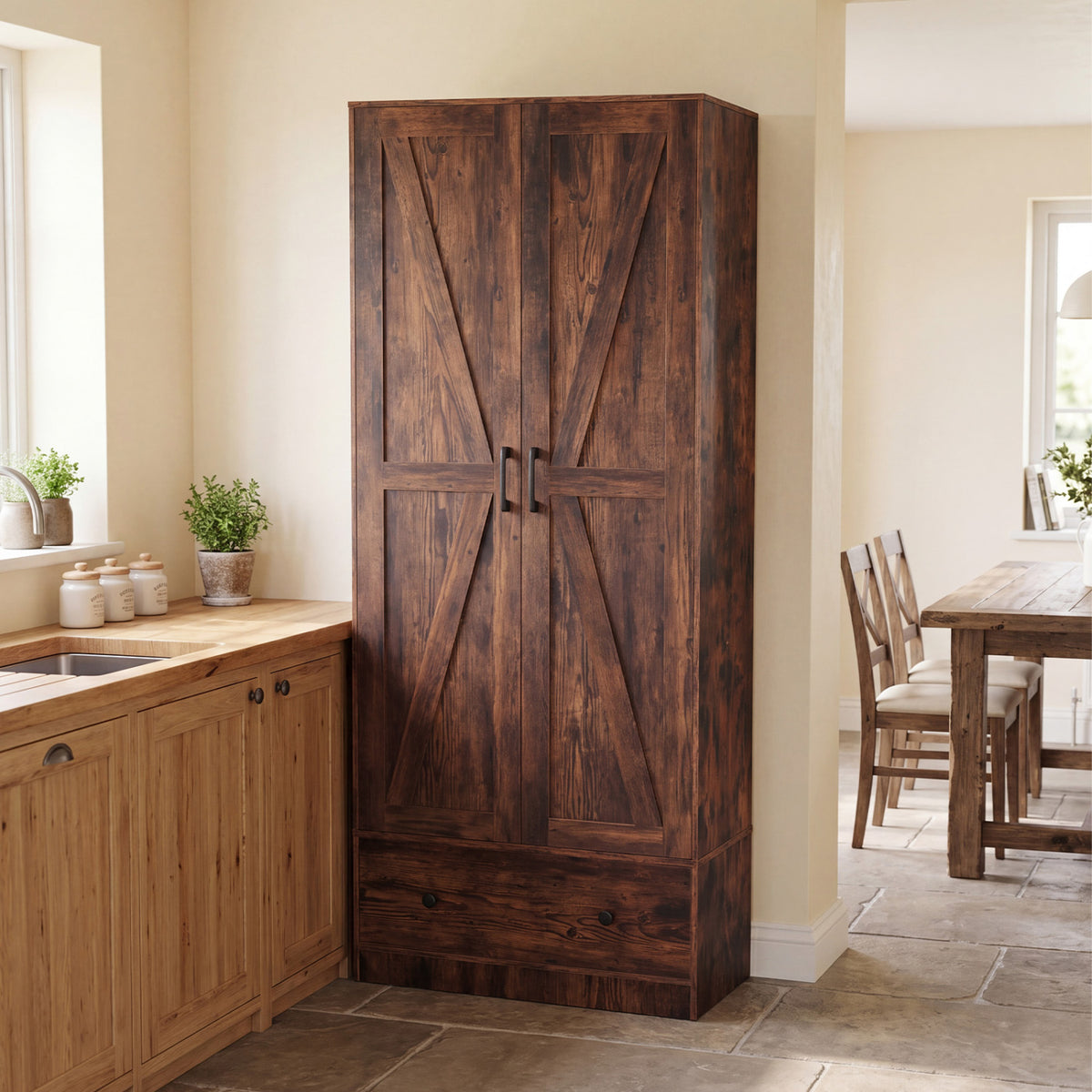 72 Inch Tall Kitchen Pantry Cabinet Farmhouse Wooden Cupboard with 2 Doors