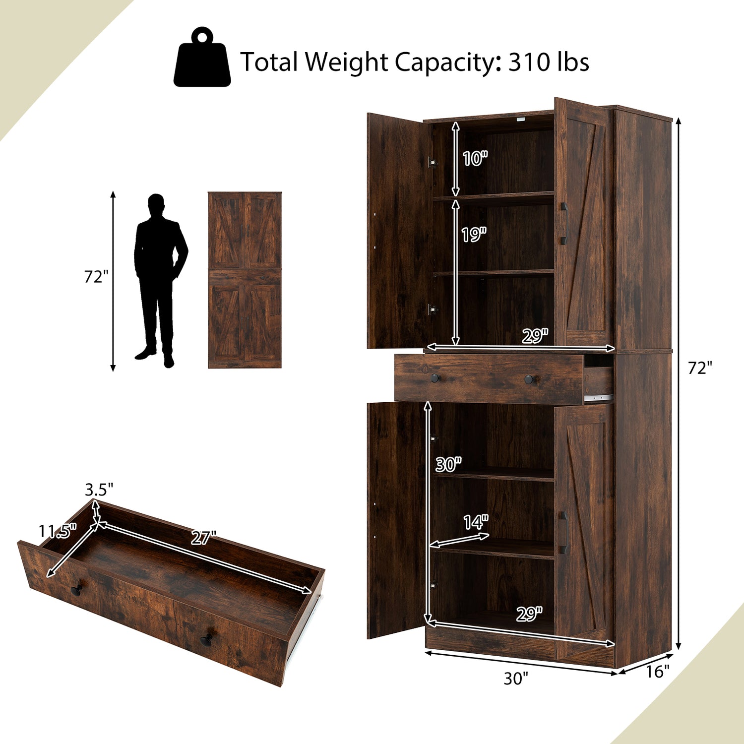 72 Inch Tall Modern Farmhouse Cupboard Cabinet with 4 Barn Doors